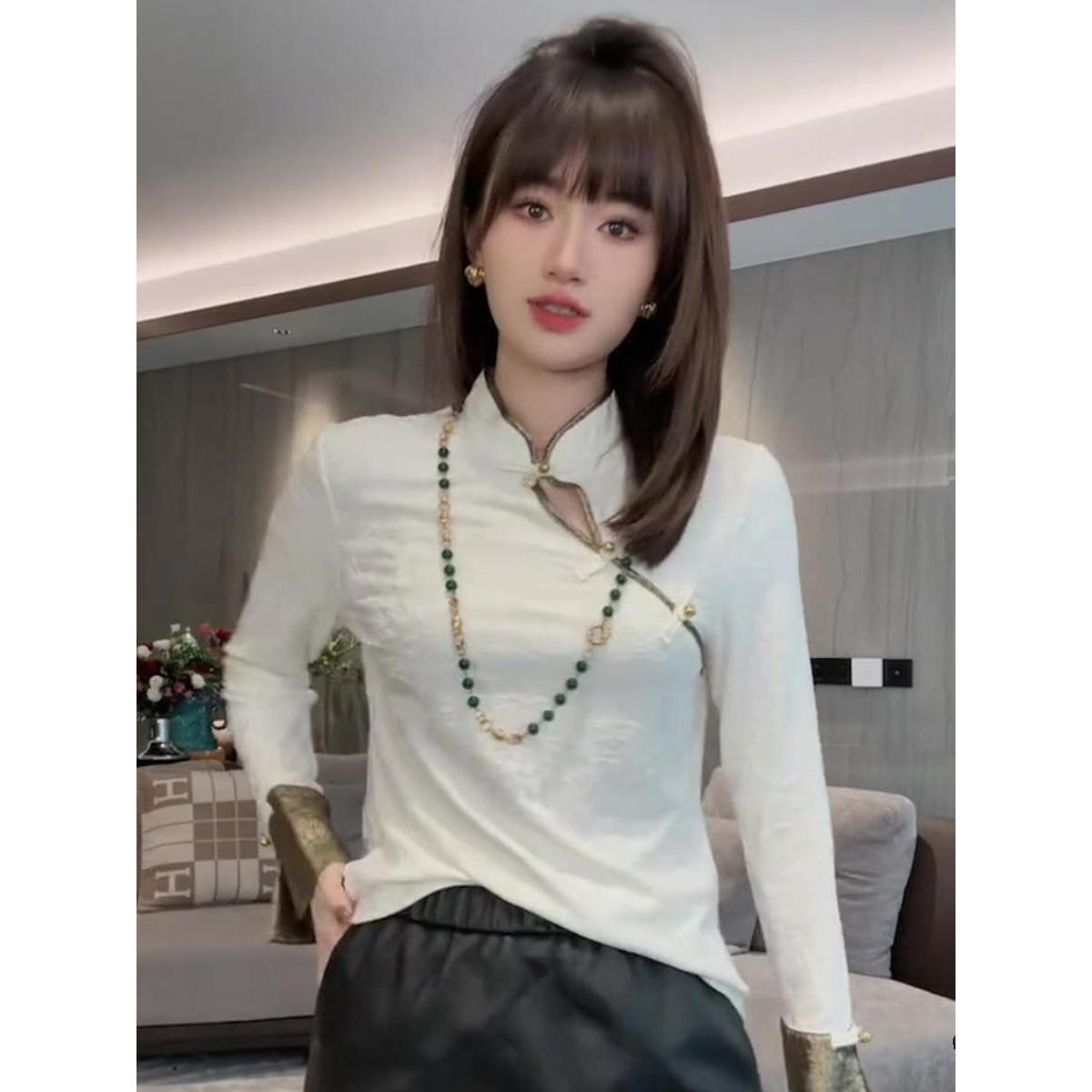 SS1738新款新中式国风复古上衣打底衫内搭盘扣衬衫女装冬季
