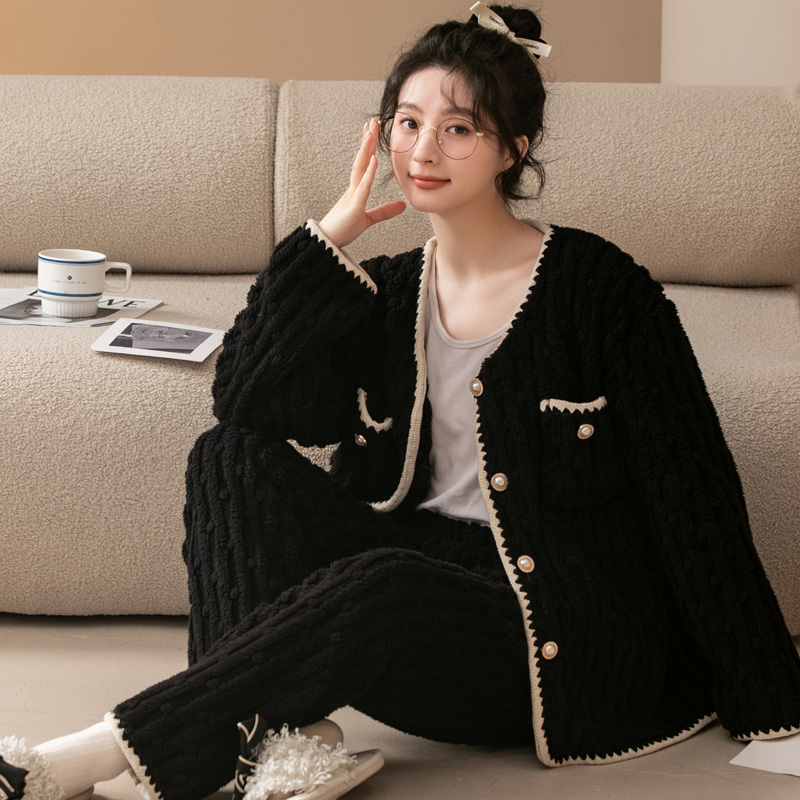 睡衣女款冬季珊瑚绒加厚开衫女士甜美家居服秋冬长袖法兰绒套装