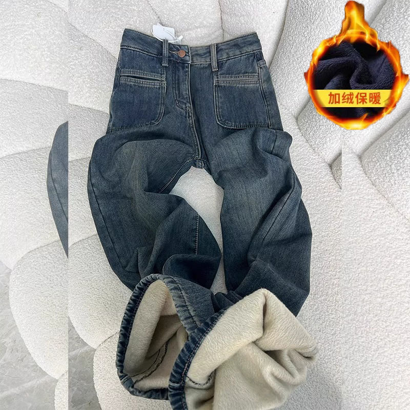 复古水泥灰微喇牛仔裤女2023秋冬新款加绒加厚弹力修身微喇叭长裤