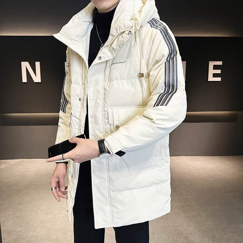 中长款羽绒服男连帽潮牌冬季2023新款修身条纹拼接上衣加厚冬外套