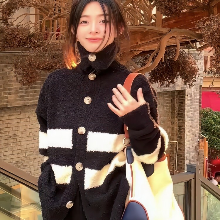 撞色条纹高领毛衣外套女秋冬2023新款慵懒风针织开衫宽松外搭上衣