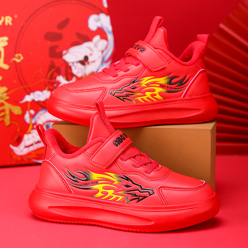 巴布豆男童鞋龙年限定冬季皮面防水防滑加绒加厚保暖红色百搭棉鞋