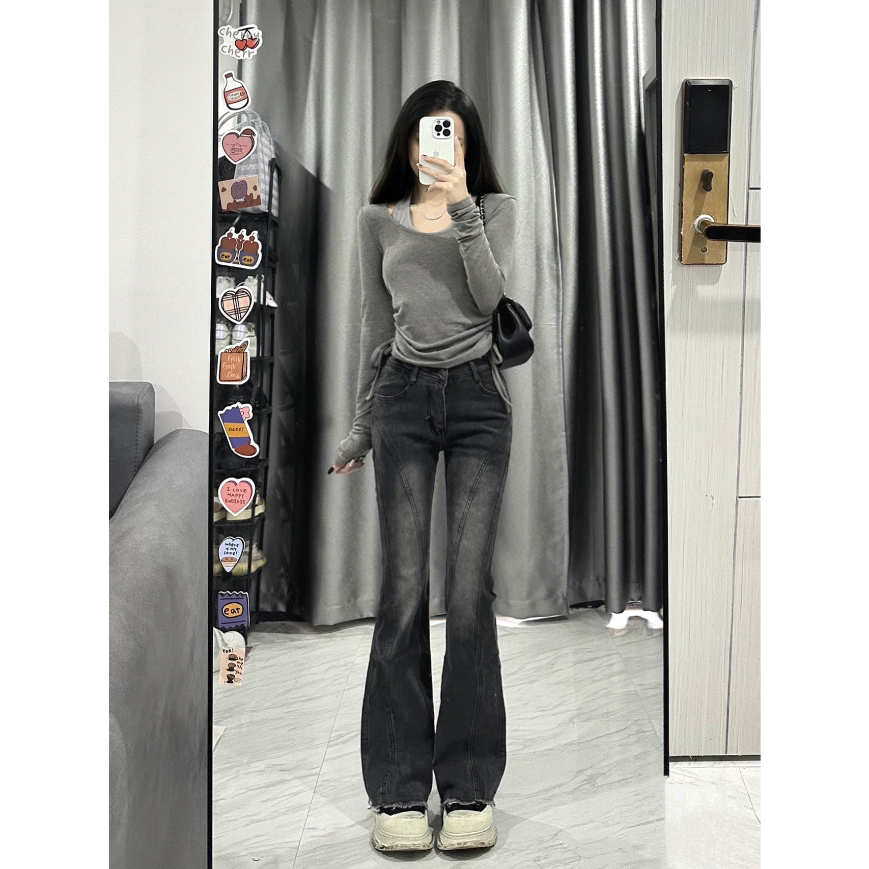 美式复古微喇牛仔裤女春秋2023新款高腰显瘦百搭弹力拖地喇叭裤子