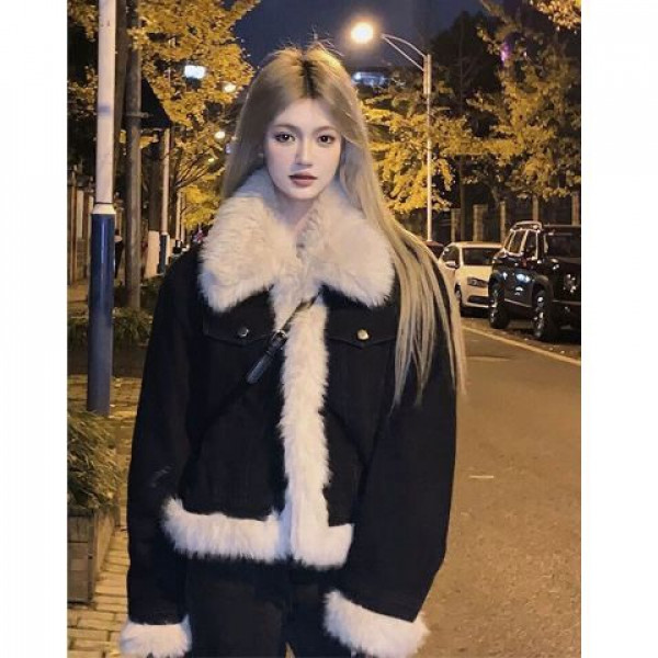 毛领短款棉服黑色牛仔拼接外套女冬季美式复古宽松夹棉加厚棉衣潮