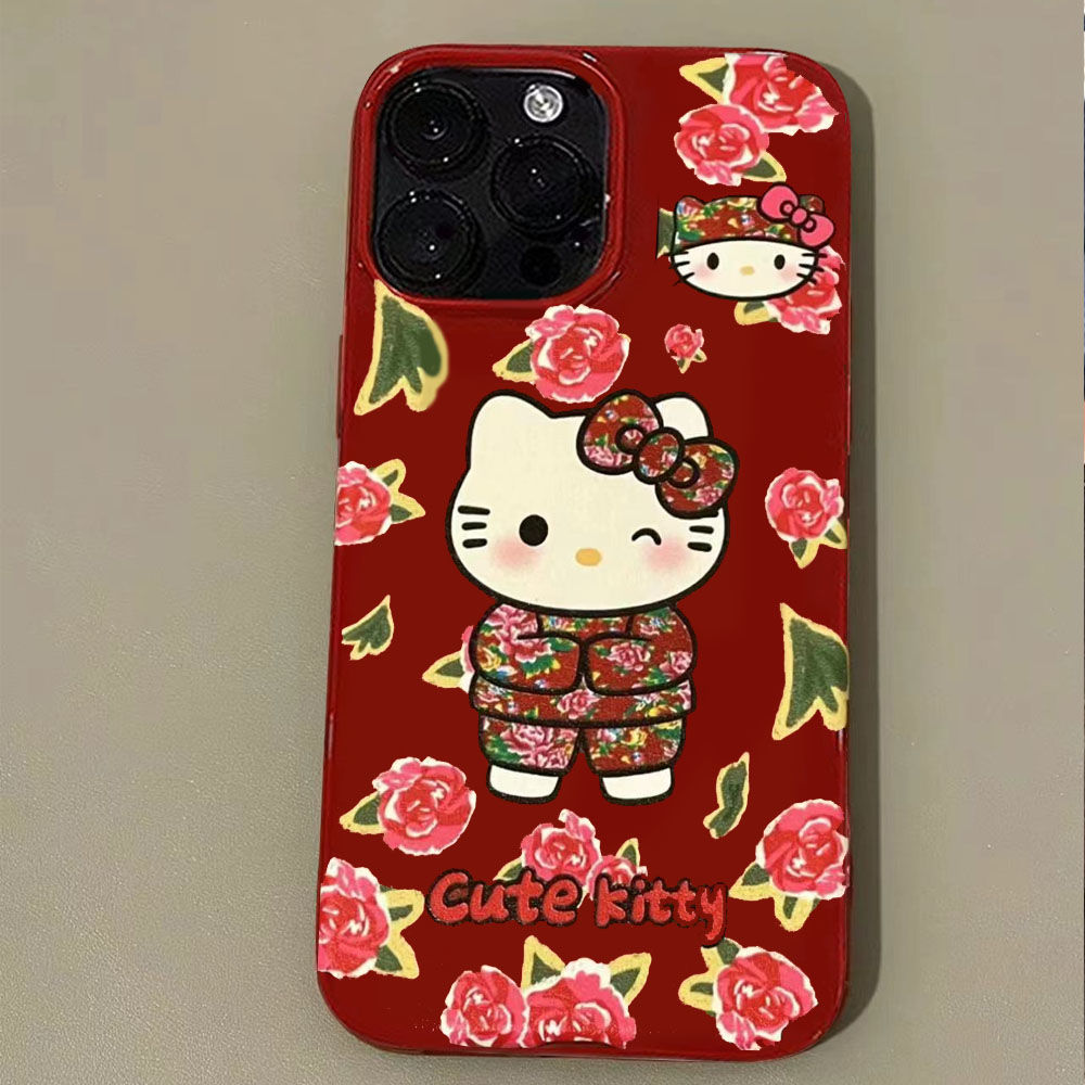 花袄凯蒂猫适用苹果15手机壳iPhone13promax酒红14plus防摔12软11