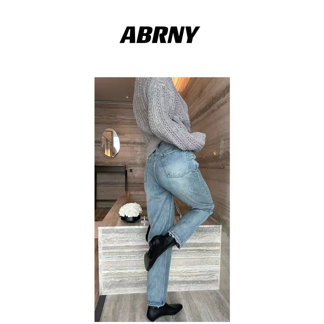 ABRNY【法拉丽】女牛仔裤水洗直筒蓝色做旧“扣子”