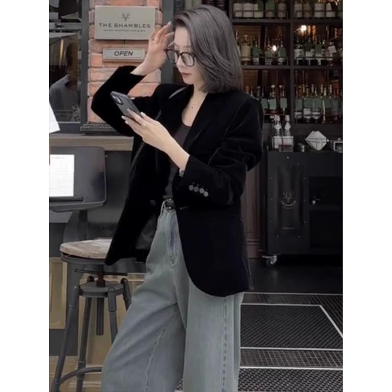 超好看黑色丝绒西装外套女秋冬气质高级感小个子夹棉加厚西服新款