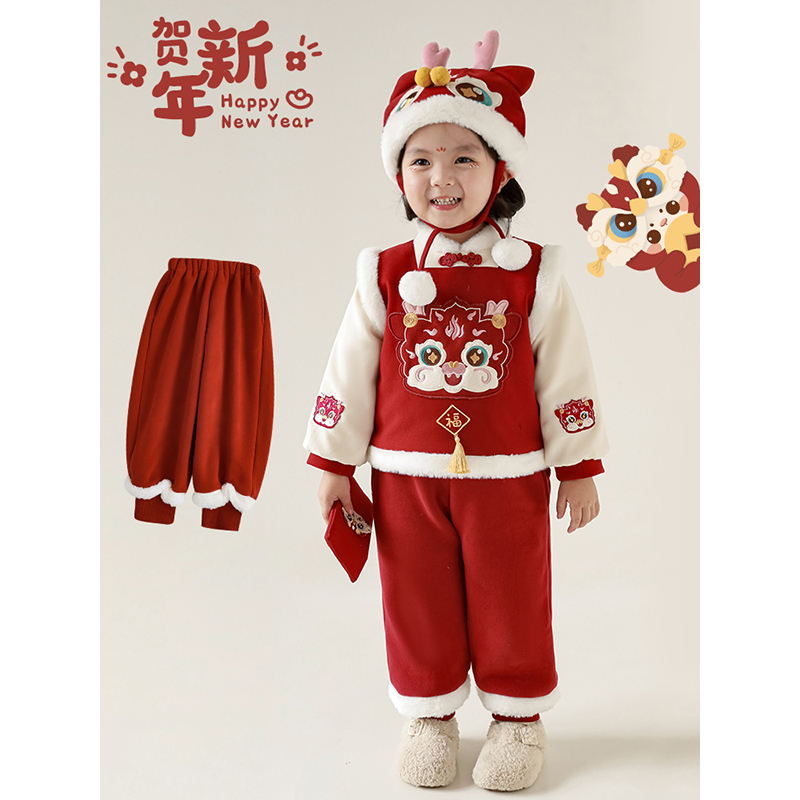 幼悠儿童中国风加绒裤子喜庆女童拼接毛绒年保暖服长裤 GN4475