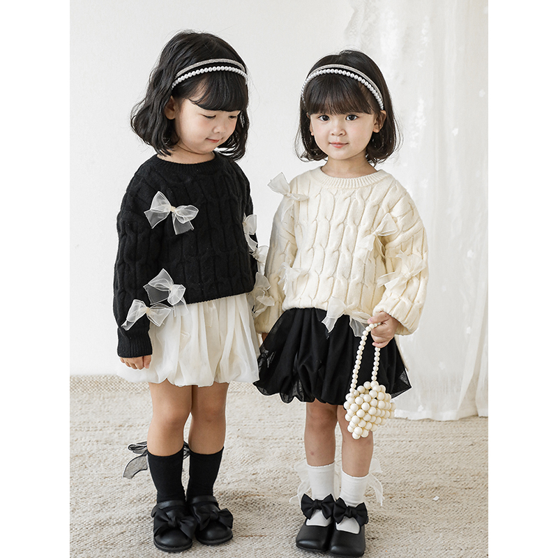 【现货】幼悠仙甜余晖春秋网纱蝴蝶结套头儿童针织绞花毛衣Q2125