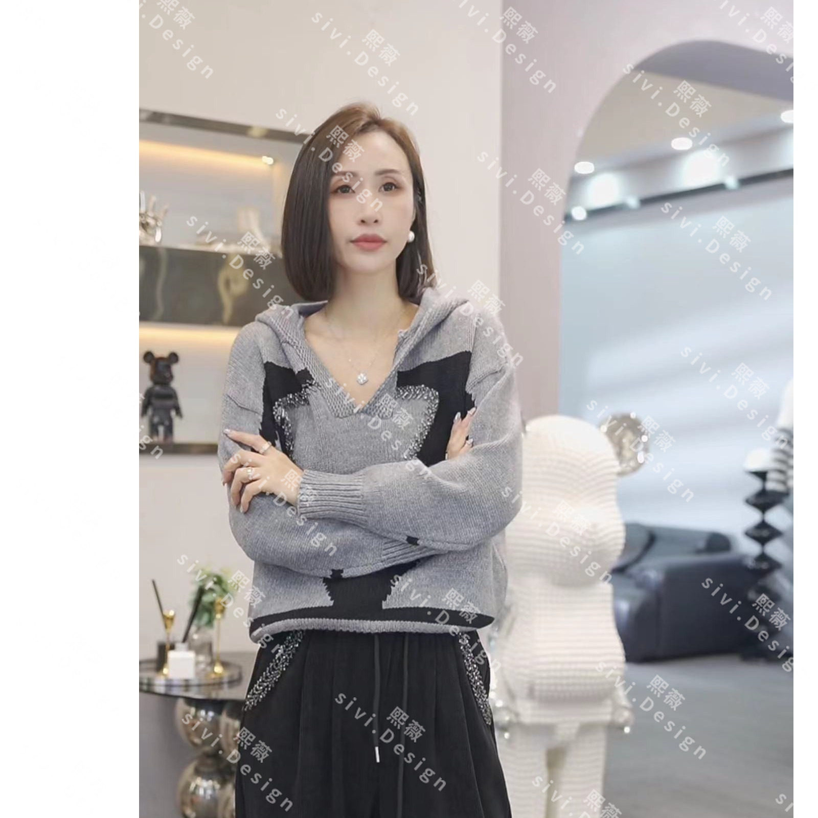 【熙薇品牌】2023早秋新款百搭毛衣休闲气质长袖帽衫F1802时尚