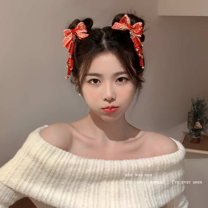 中国风新年发夹女流苏喜庆红配饰发卡汉服发饰夹子儿童对夹头饰品