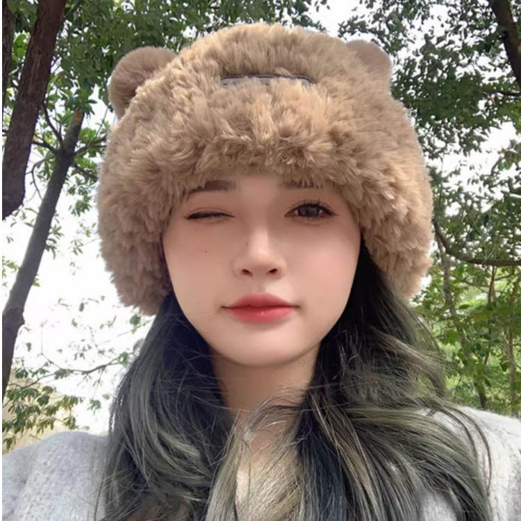 针织小熊秋冬天新款可爱小熊帽女加绒加厚保暖帽子大头围显脸小