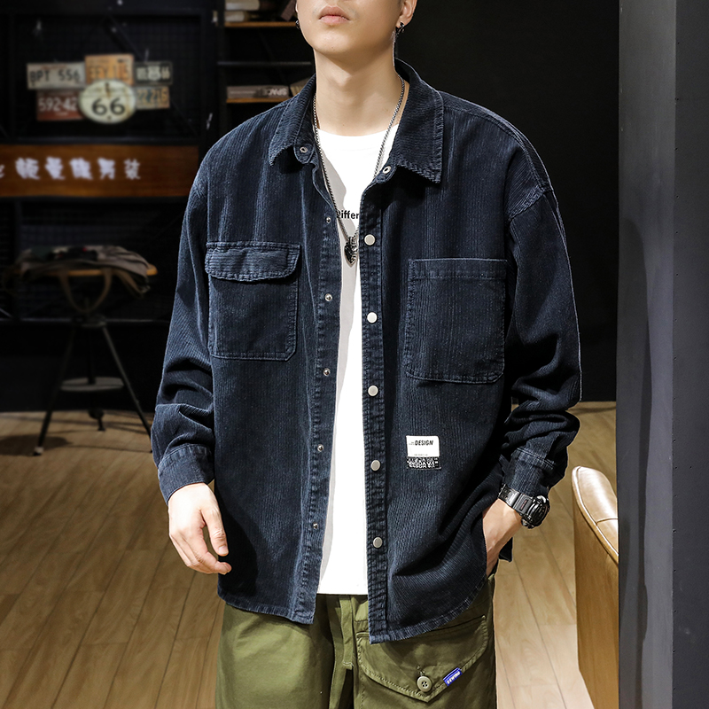 美式复古灯芯绒长袖衬衫男2023新款秋季工装衬衣男士休闲百搭外套