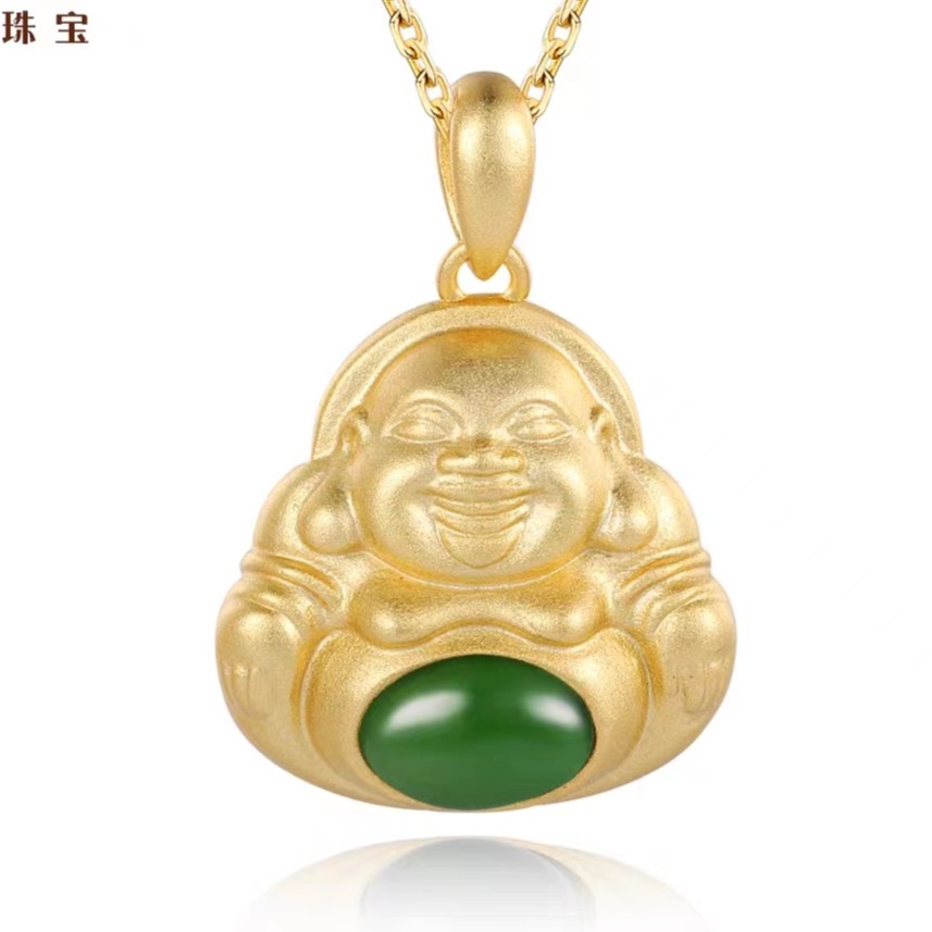 金刻珠宝 吊坠925银 金色弥勒佛吊坠带证书无链条