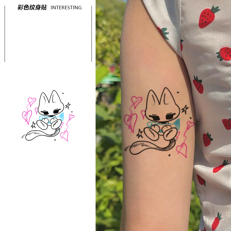 纹身贴防水女持久仿真潮 彩色可爱卡通爱心猫咪手臂辣妹贴纸ins风