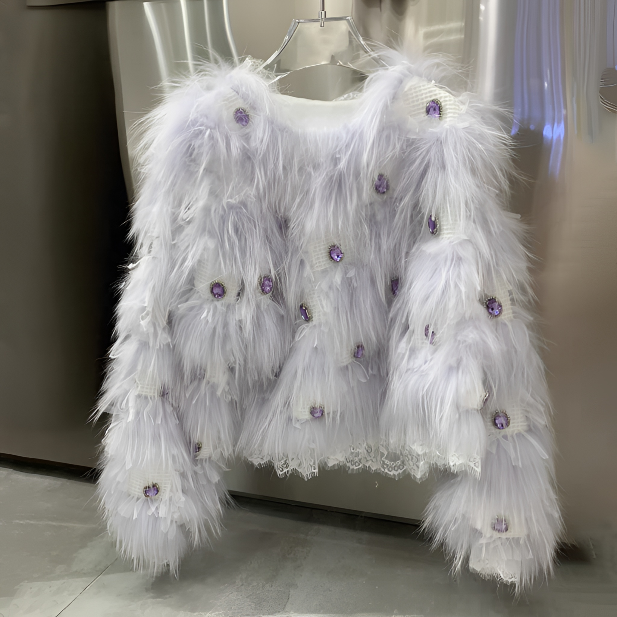 【小呆鸟专享】Darastine戴拉斯汀蕾丝花边垂顺钉钻狐狸毛外套Q8048