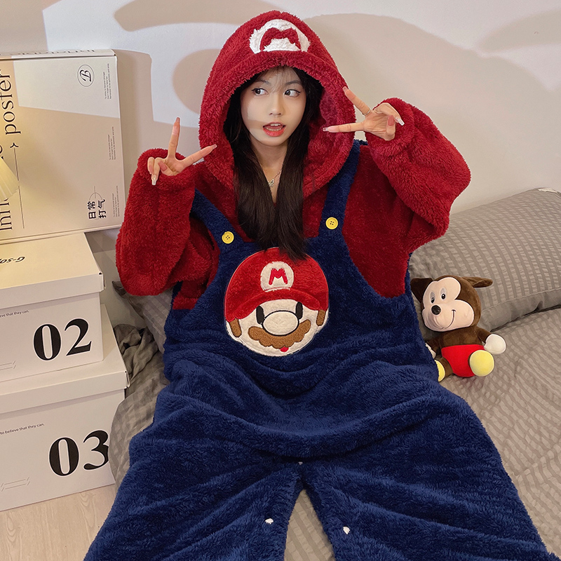 马里奥超级玛丽卡通连体睡衣冬季女加绒加厚珊瑚绒情侣大码家居服