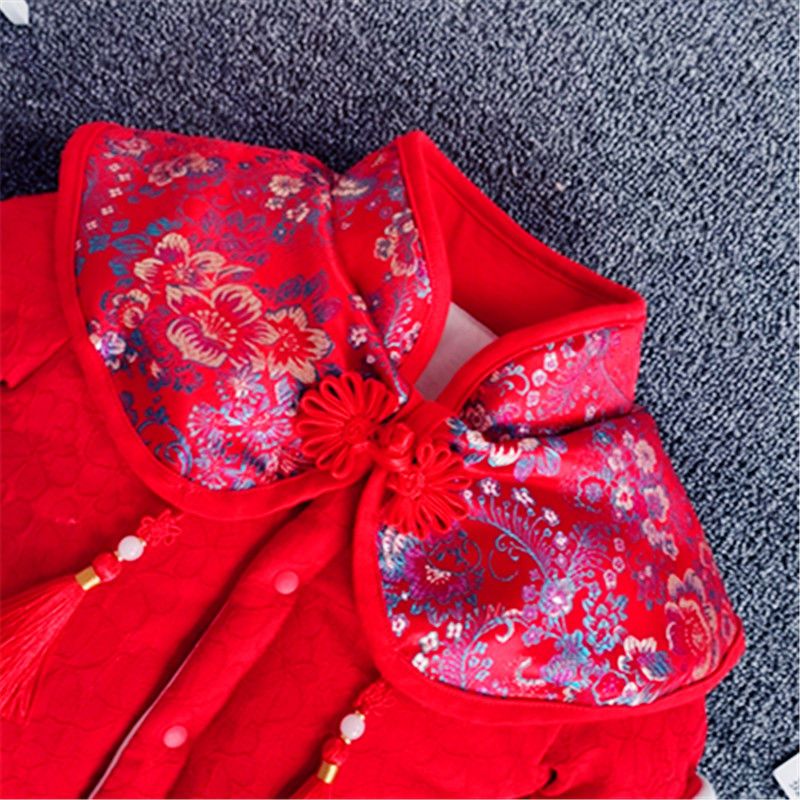 婴儿冬款加棉加厚连体衣套装男女宝宝满月中国风新生棉衣外出哈衣