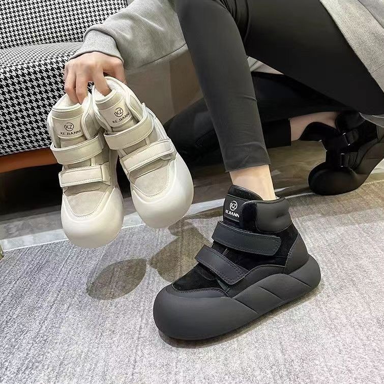 魔术贴面包休闲板鞋丑萌娃娃头加绒高帮鞋女2023秋冬新款厚底女鞋