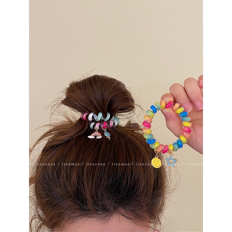 可爱趴~2个彩虹电话线发圈ins无痕皮筋女扎头发绳