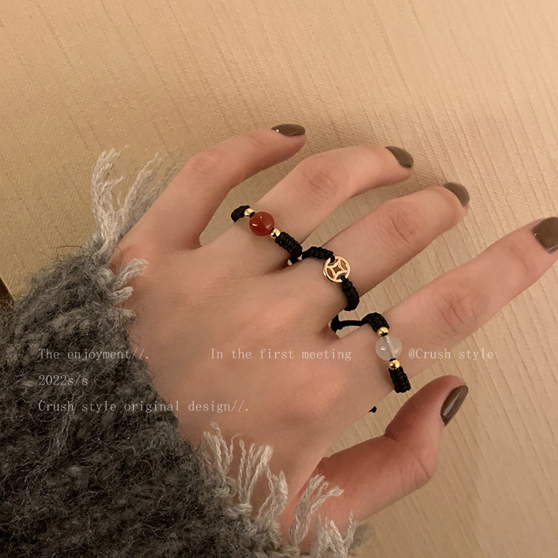 非金属戒指 相思~红豆黑绳铜钱编织戒指女小众情侣闺蜜尾戒中国风