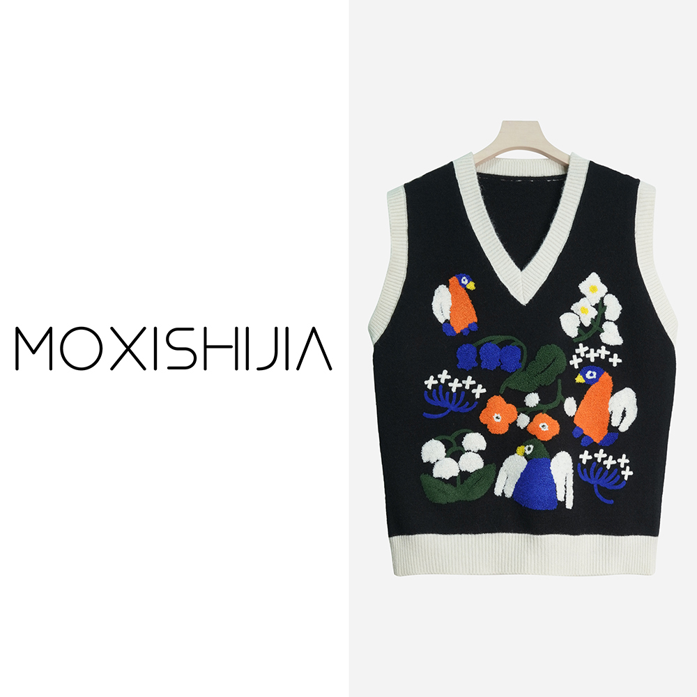 X24285-1【苏琳琳】马甲V领宽松提花黑色毛衣坎肩马甲显瘦臃肿