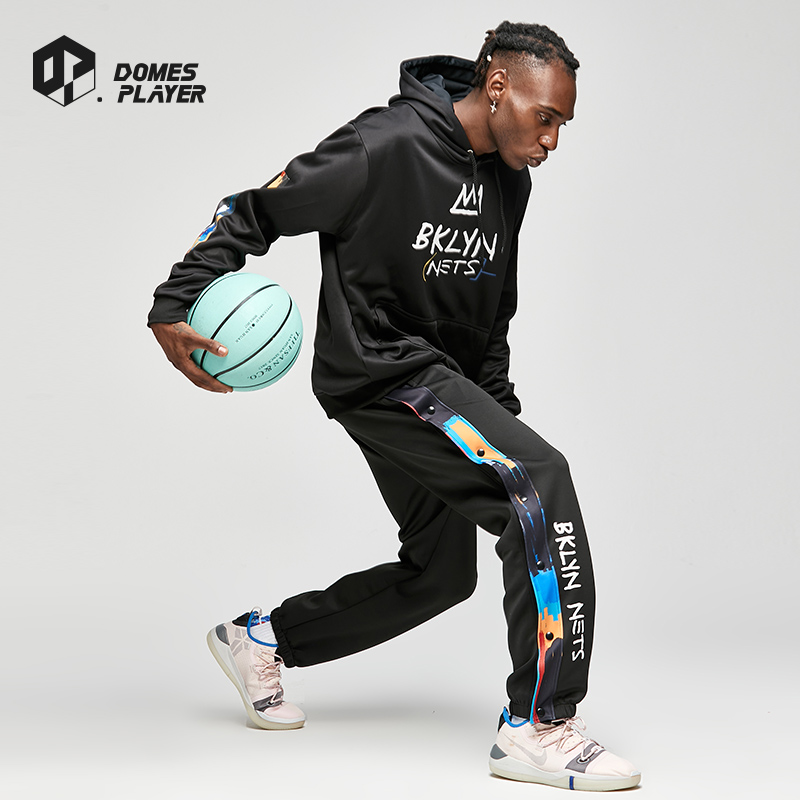 篮网队秋季篮球训练服运动套装连帽卫衣套头帽衫排扣裤NBA出场服