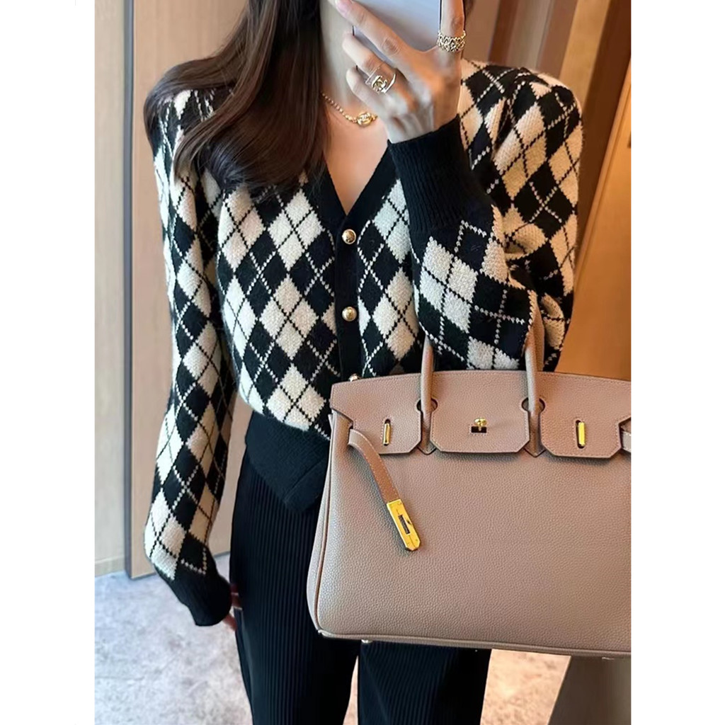 新款针织开衫气质女泡泡袖通勤时尚短款菱格洋气毛衣外套显瘦百搭