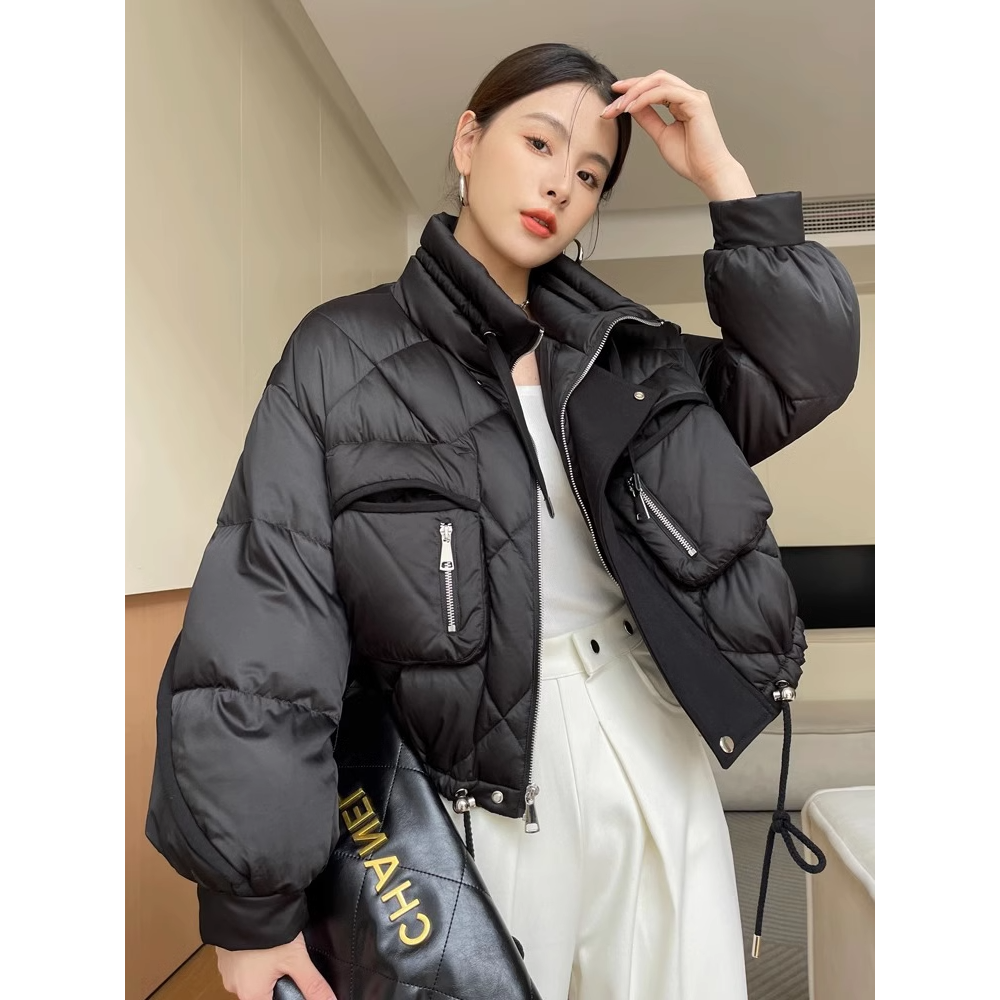 设计感菱格短款棉服女冬装大码韩版高级立领短款棉衣夹棉外套