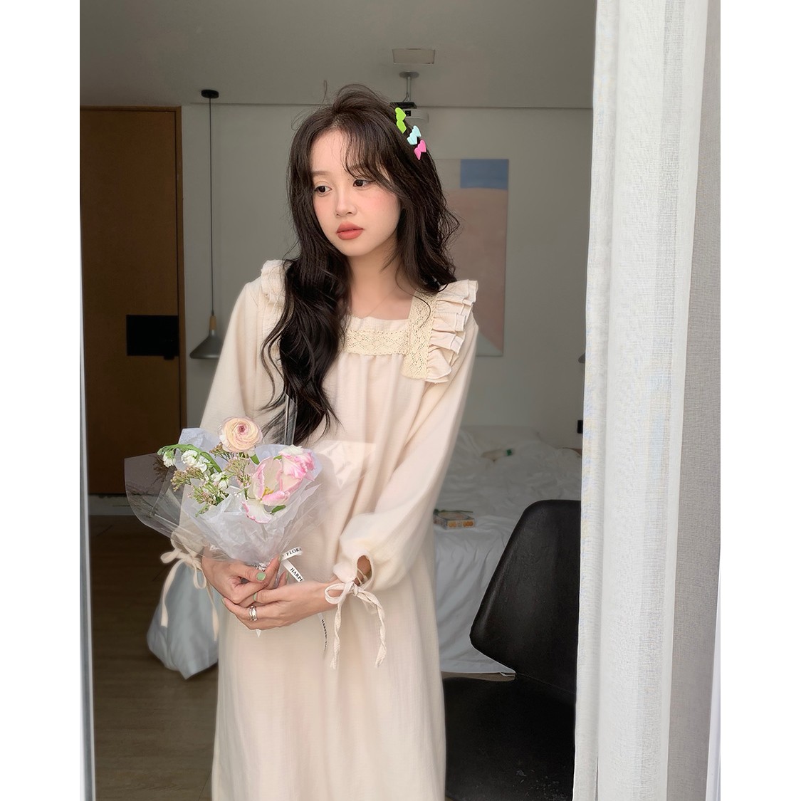 宫廷风学生睡裙女2023新款荷叶边长袖睡衣甜美家居服中长款可外穿