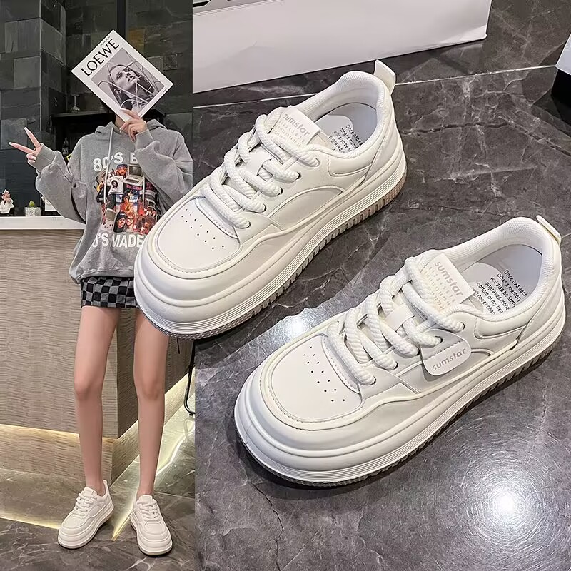 厚底软皮小白鞋女百搭2023新款韩版增高软底白色板鞋运动休闲鞋子