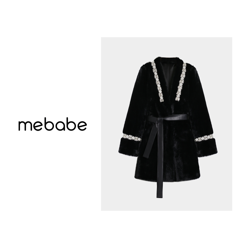 【维维】2023年冬季V领钉珠气质轻奢系带环保毛毛大衣外套女23DK200