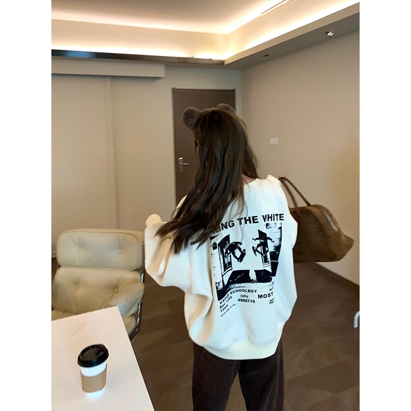 乌77美式复古字母印花圆领卫衣女冬款内里加薄绒宽松休闲套头上衣