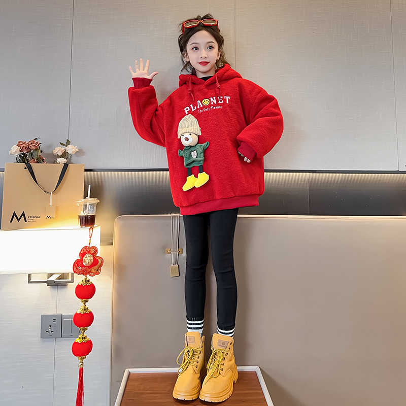 女童加绒卫衣过年服红色新款上衣冬季中大儿童龙年本命年衣服新年