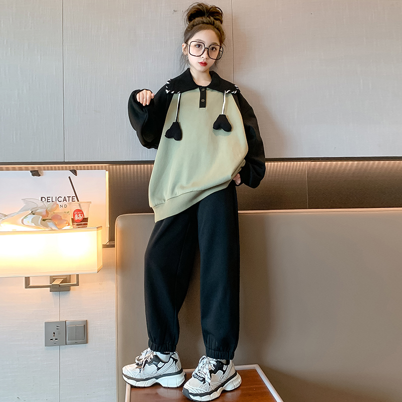 女童加绒套装秋冬款2023新款洋气女大童加厚卫衣儿童装运动两件套