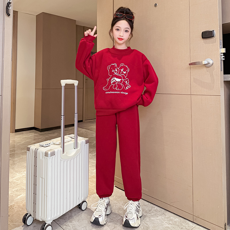 女童拜年服2023新款大童过年喜庆红色衣服儿童装加绒加厚套装新年