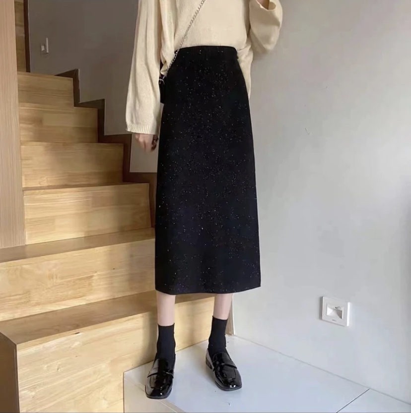 秋冬厚款爆闪亮片裙高腰显瘦气百搭质中长款开叉小香风A字星空裙