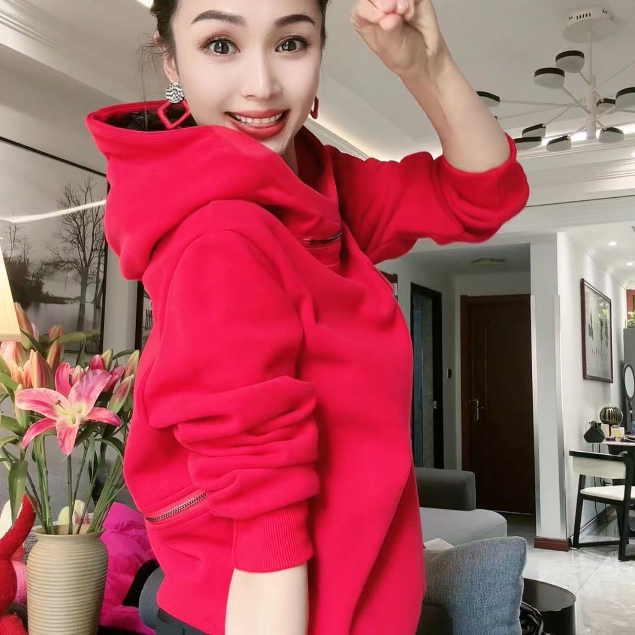 宽松连帽后背拉链设计卫衣 665