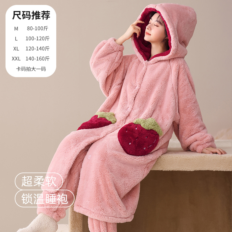 居家珊瑚绒睡衣女冬季睡袍新款加厚加绒冬天可外出家居服简约套装
