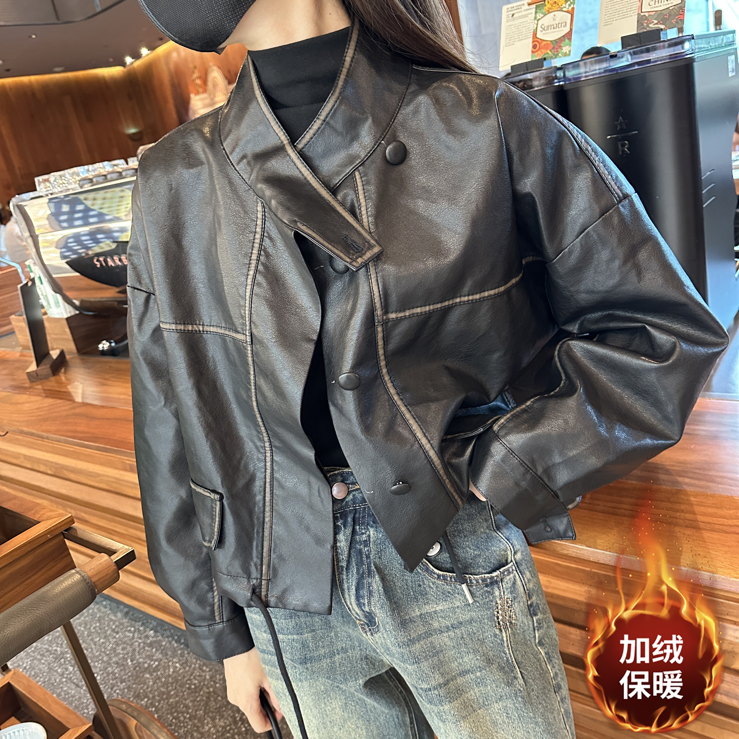 2023秋季女装新款6699美式复古港风皮衣外套显瘦网红设计感