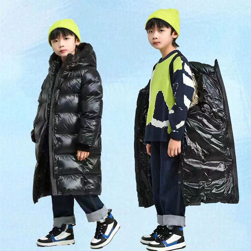 巴拉恩女童中长款羽绒服加厚外套连帽中大童黑金款男女款冬季
