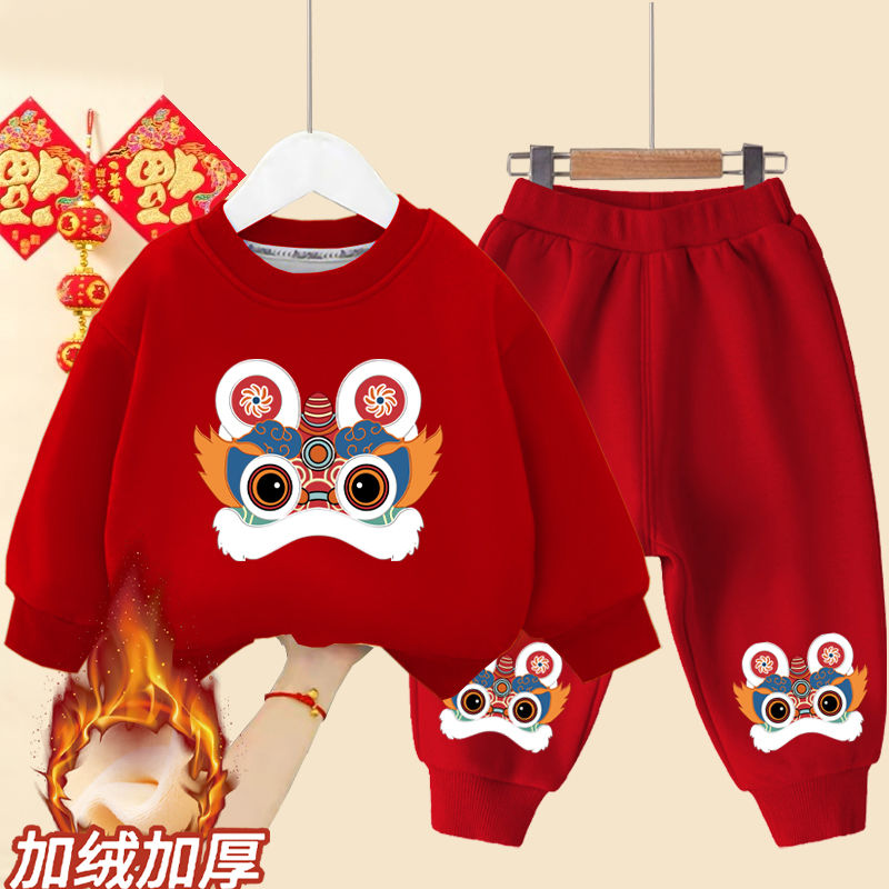 巴拉巴拉儿童套装冬季男女童周岁加绒卫衣中国风2024龙年宝宝喜庆