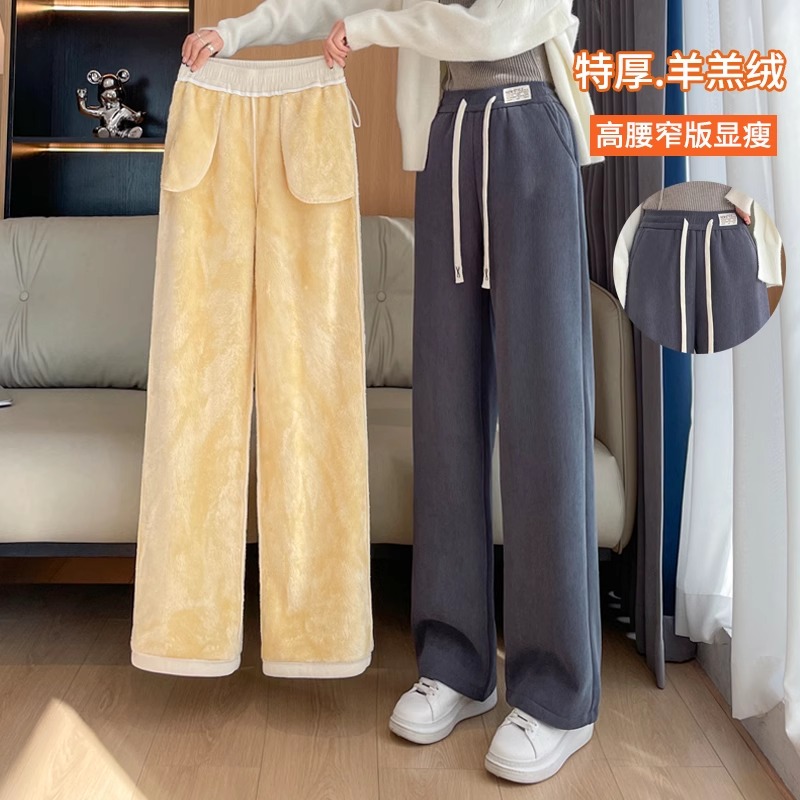 雪尼尔加绒阔腿裤女秋冬季灯芯绒加厚窄版直筒裤特厚羊羔绒女裤子