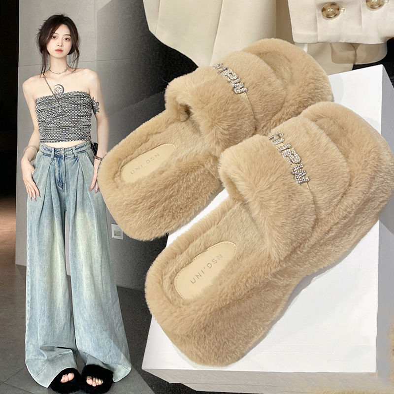 红蜻蜓牌法式厚底毛毛拖鞋女外穿2023秋冬新款高级感水钻小个子松