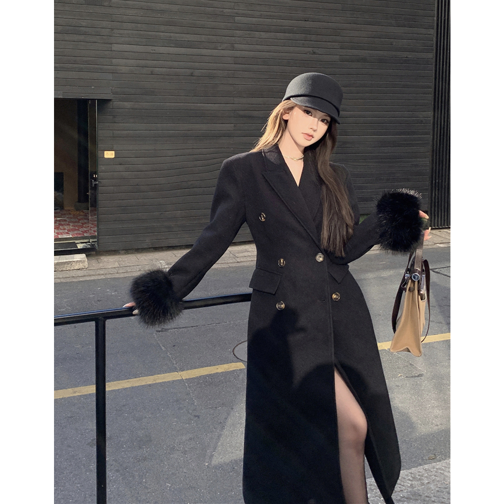 复古双排扣呢子大衣收腰显瘦赫本风毛毛袖长款外套加棉女装秋冬季