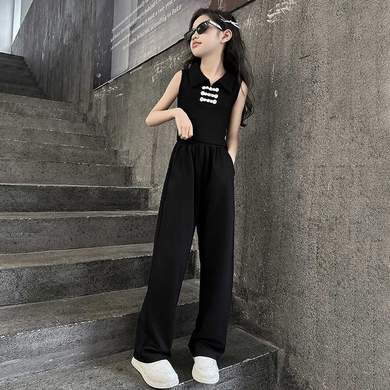 2024夏天新款女童夏季阔腿裤女生时尚休闲裤套装中国风背心两件套