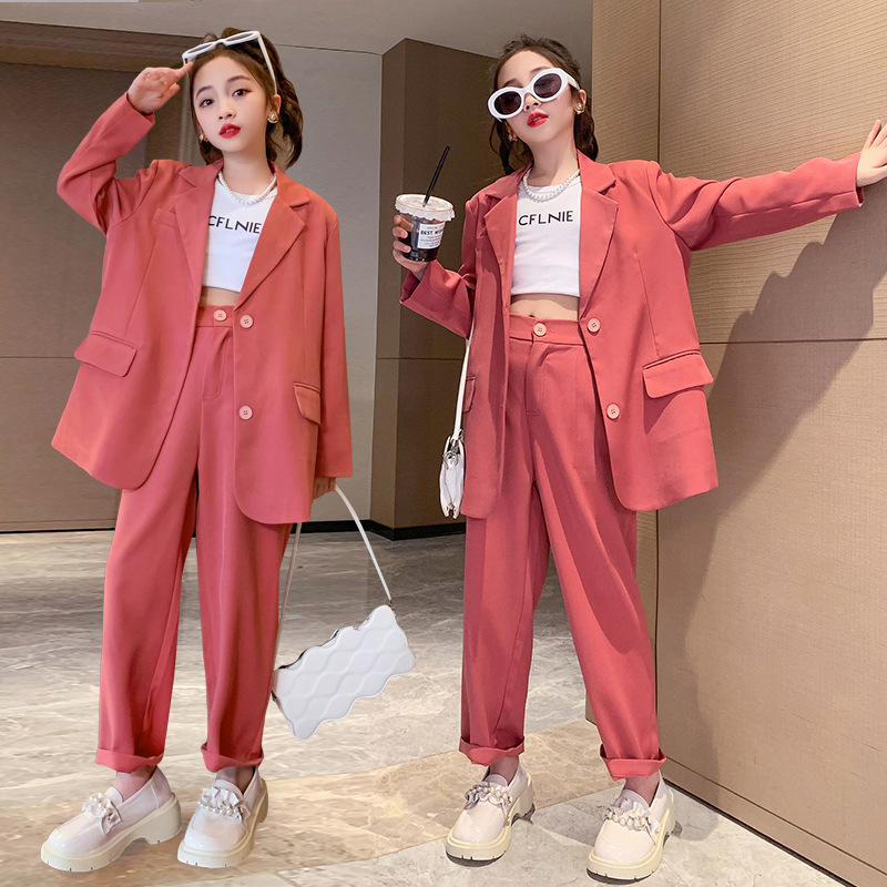 女童西服套装2024春秋新款网红洋气休闲春装中大童外套裤子两件套
