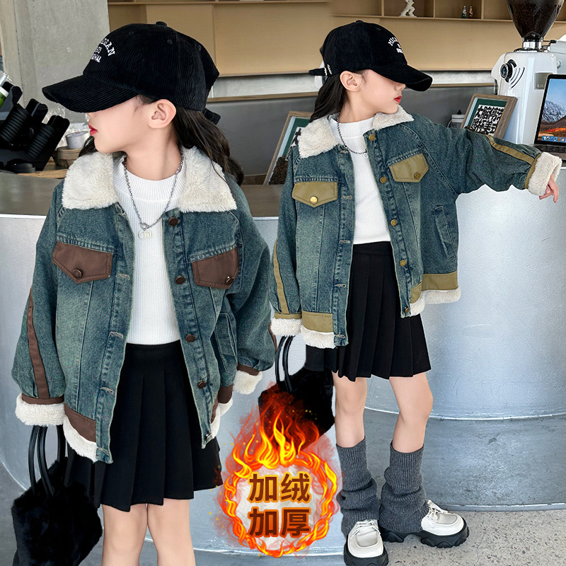 女童加绒牛仔外套秋冬2023新款儿童洋气加厚上衣冬季女孩网红衣服