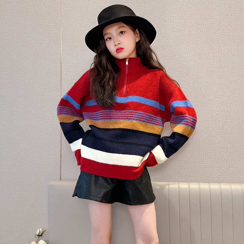 女童毛衣春秋款儿童打底衫2023秋季新款中大童拉链半高领针织秋冬