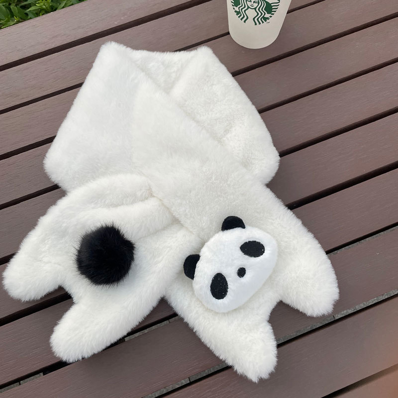 可爱仿兔毛白色熊猫围脖秋冬季少女学生百搭毛绒加厚保暖冬季围脖